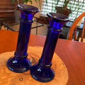 Pair of Cobalt Blue Glass Candlestick Holders